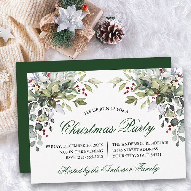 Invitation Aquarelle verte Fête de Noël Holly (Customize to change text size, color, style or to change color of back of card.)