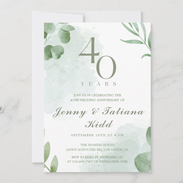 Invitation Aquarelle verte Feuille 40e anniversaire Mariage (Devant)