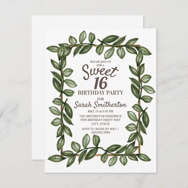 Invitation Aquarelle verte Feuille blanc or doux 16 (Devant / Derrière)