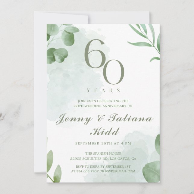 Invitation Aquarelle verte Feuilles 60e anniversaire Mariage (Devant)