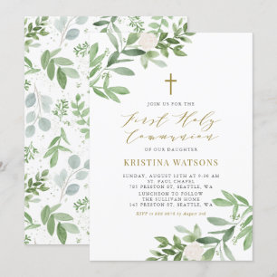 Invitation Aquarelle verte Floral Gold Première communion
