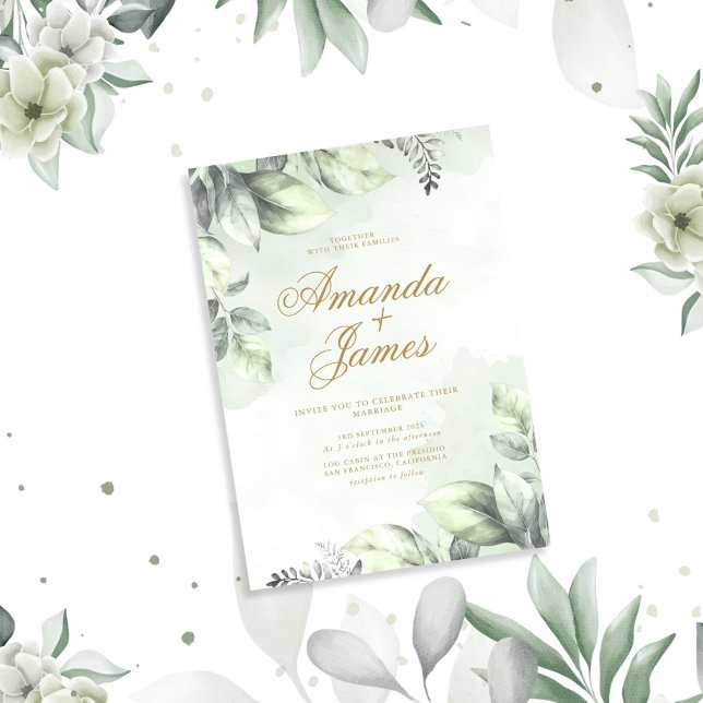 Invitation Aquarelle verte Florale Feuilles Mariage élégant (Créateur téléchargé)