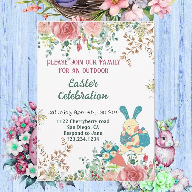 Invitation Aquarelle verte Florale Oeufs de lapin de Pâques m (Watercolor Greenery Floral Easter Bunny Eggs Cute Invitation)