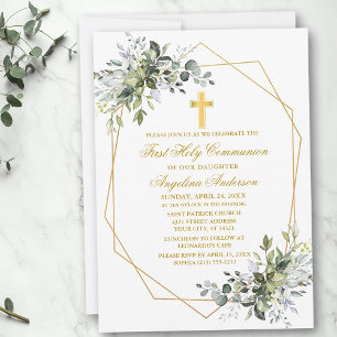 Invitation Aquarelle verte Geo Frame Gold Communion
