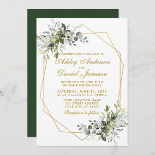 Invitation Aquarelle verte Geo Frame Gold Mariage