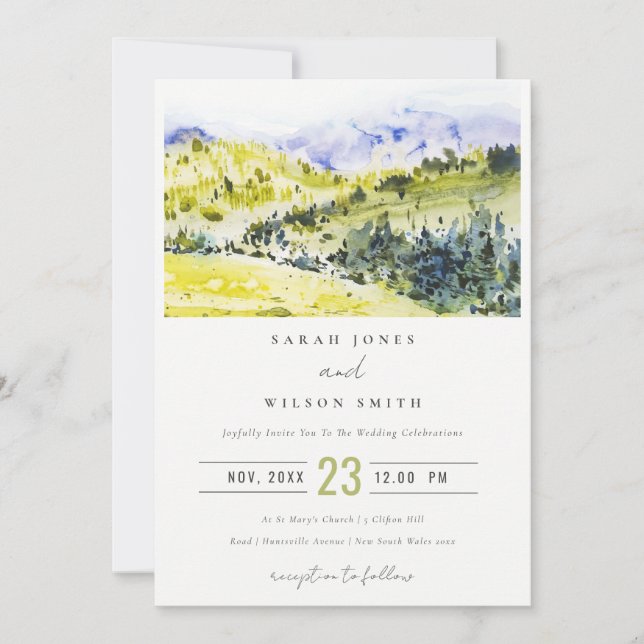 Invitation Aquarelle verte Jaune Campagne Hills Mariage (Devant)