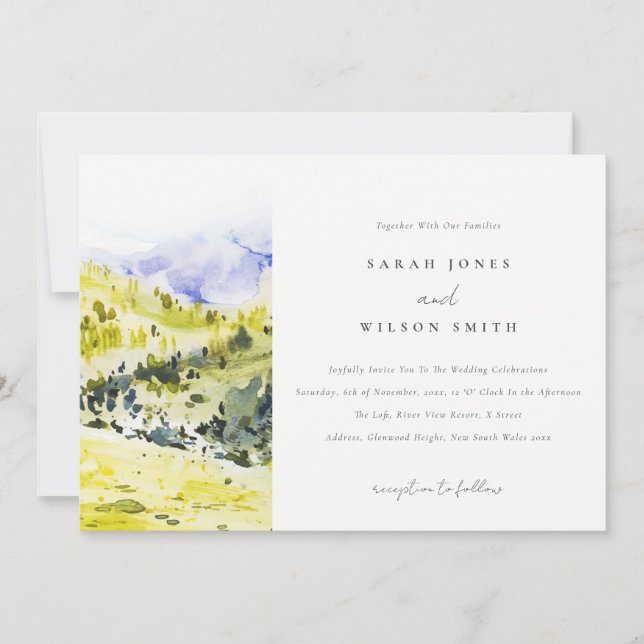 Invitation Aquarelle verte Jaune Campagne Hills Mariage (Devant)