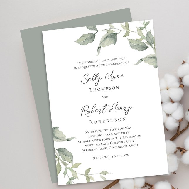 Invitation Aquarelle verte Mariage vert (Elegant green foliage leaves wedding invitations. )