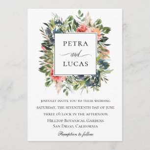 Invitation Aquarelle verte Marine Coral Mariage floral