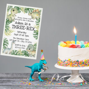 Invitation Aquarelle verte mignonne Trois Rex Dinosaure anniv