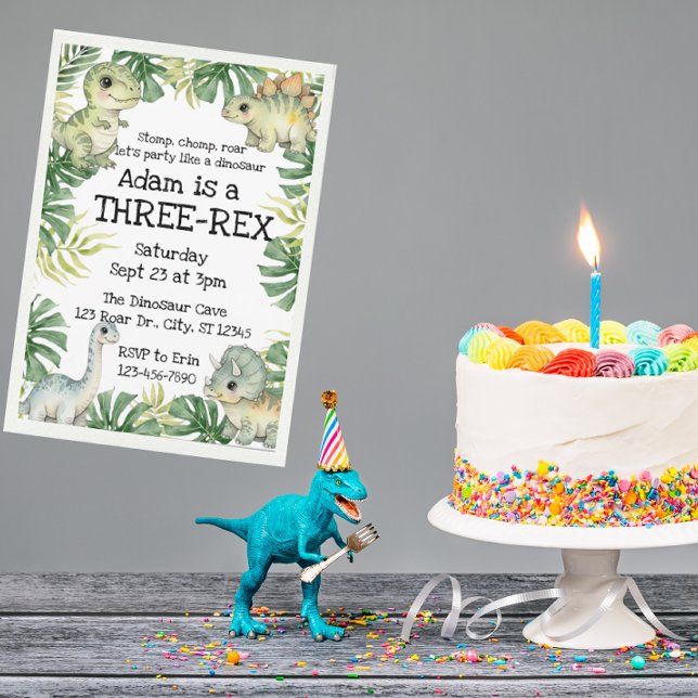 Invitation Aquarelle verte mignonne Trois Rex Dinosaure anniv (Créateur téléchargé)