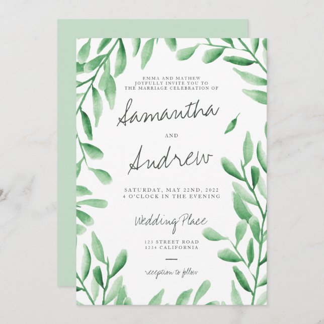 Invitation Aquarelle verte moderne branches d'olivier mariage (Devant / Derrière)