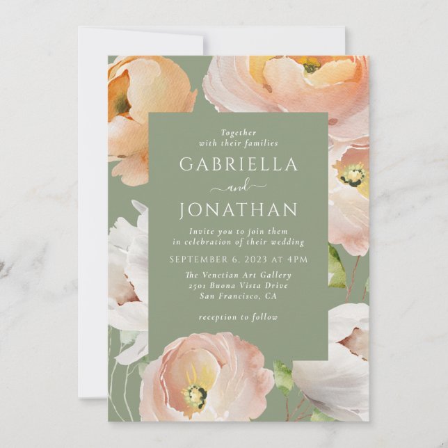Invitation Aquarelle verte moderne Sage Mariage Floral (Devant)