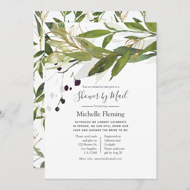 Invitation Aquarelle verte nuptiale ou Baby shower par courri (Devant / Derrière)