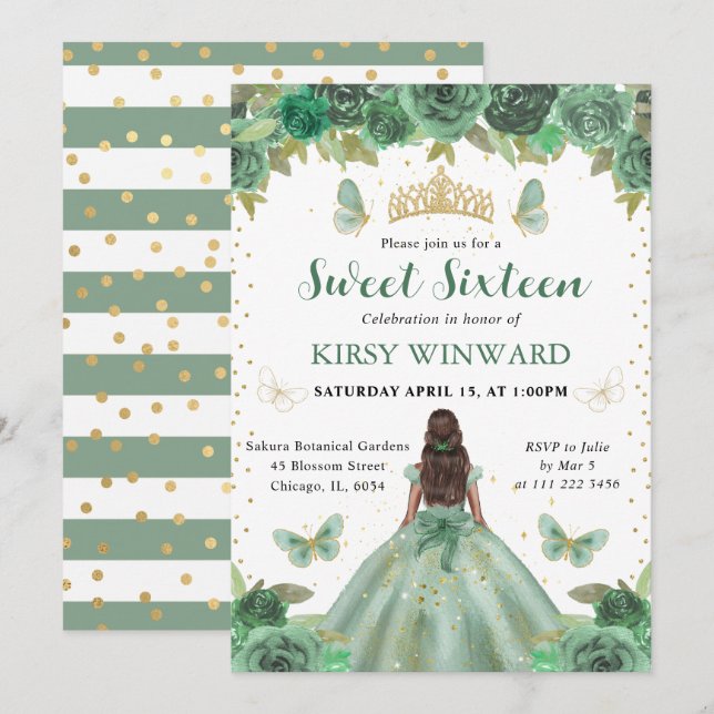 Invitation Aquarelle Verte & Or Princesse Douze Ans (Devant / Derrière)