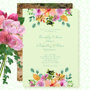 Invitation Aquarelle verte orange rose gras Mariage floral
