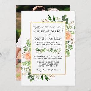 Invitation Aquarelle verte Pêcher Rose Photo Retour Mariage