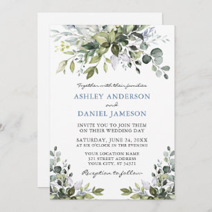 Invitation Aquarelle verte Photo Dusty Blue Mariage