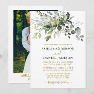 Invitation Aquarelle verte Photo Mariage Gold Green