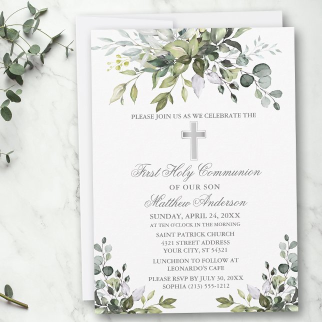 Invitation Aquarelle verte Première communion Argent (Customize to change text color, size, style or to add photos or more text to back of card.)