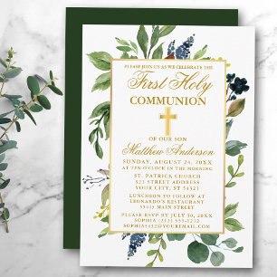 Invitation Aquarelle verte Première Communion d'or