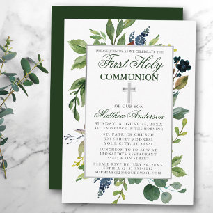 Invitation Aquarelle verte Première Communion Sainte Argent