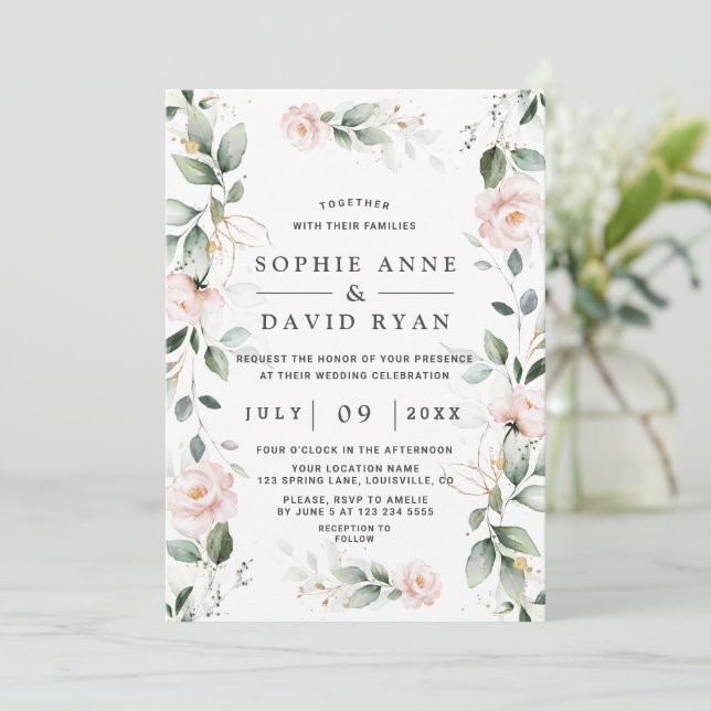 Invitation Aquarelle verte rose Mariage or Floral rose (Debout devant)