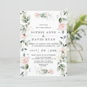 Invitation Aquarelle verte rose Mariage or Floral rose