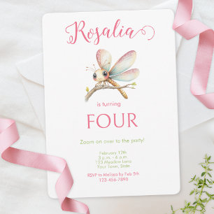 Invitation Aquarelle verte rose mignonne Fille libellule Anni
