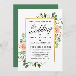 Invitation Aquarelle verte Roses roses rose Mariage de callig