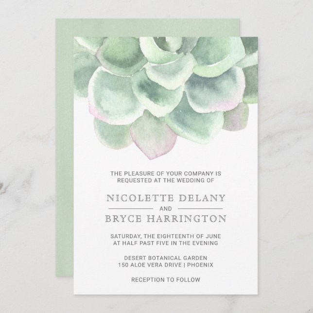 Invitation Aquarelle verte Sage Botanique Mariage Succulent (Devant / Derrière)