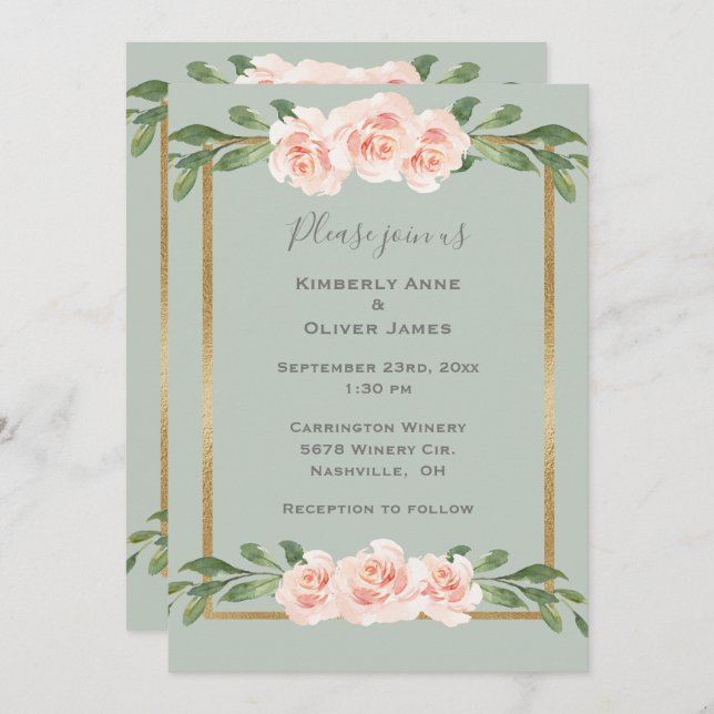 Invitation Aquarelle verte Sage Mariage floral romantique (Devant / Derrière)