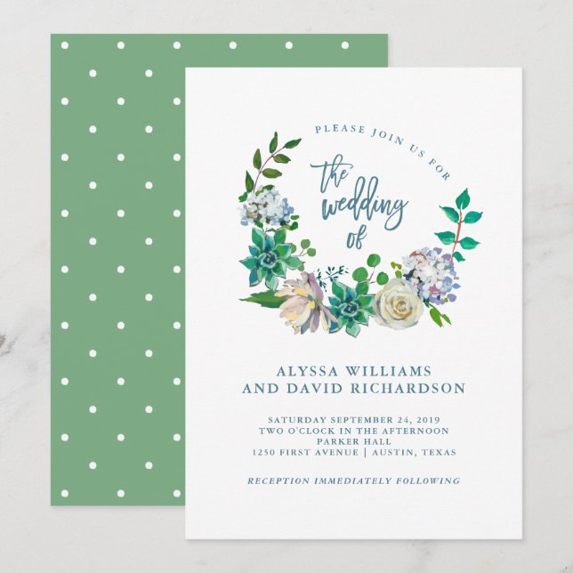 Invitation Aquarelle verte Succulents et fleurs | MARIAGE (Devant / Derrière)