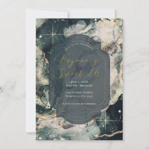 Invitation Aquarelle verte turquoise Or Celestial Sweet 16