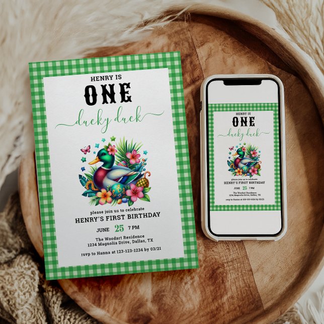 Invitation Aquarelle verte Un Lucky Duck Boy 1er anniversaire (Créateur téléchargé)