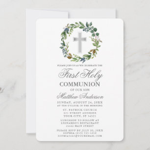 Invitation Aquarelle verte Wreath Première communion