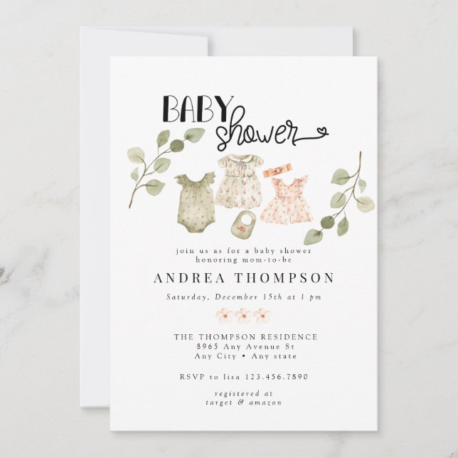 Invitation Aquarelle Vêtements bébé | Boho Girl Baby shower (Devant)