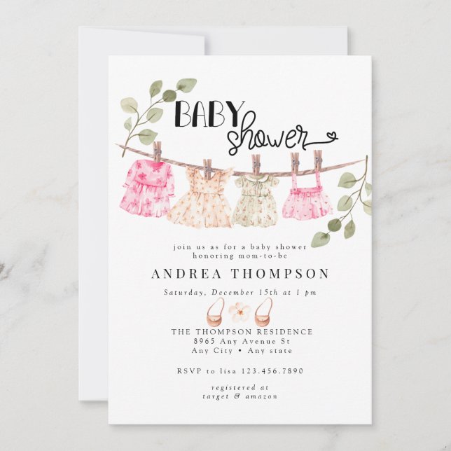Invitation Aquarelle Vêtements bébé | Boho Girl Baby shower (Devant)