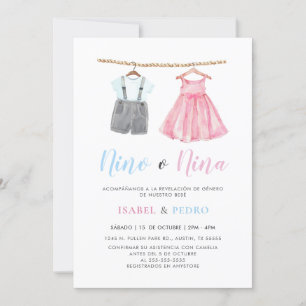 Invitation Aquarelle Vêtements de bébé espagnol Révélation de