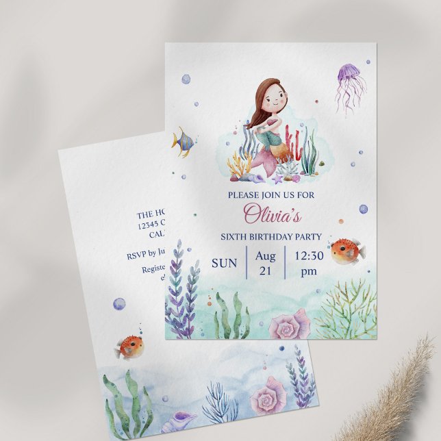 Invitation Aquarelle Vie marine sirène Anniversaire (Watercolor Meramaid Sealife Birthday Invitation on table)