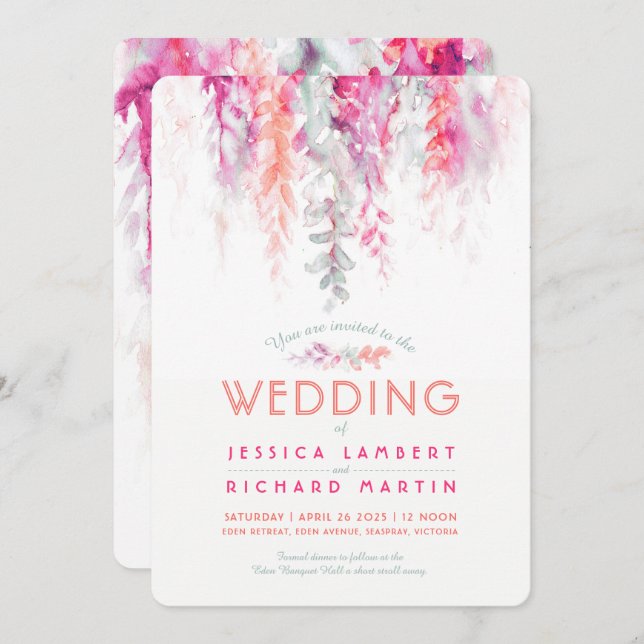 Invitation Aquarelle vigne corail vert rose rouge mariage (Devant / Derrière)