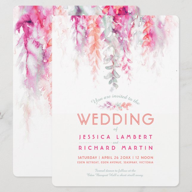 Invitation Aquarelle vignes corail vert rose rouge mariage (Devant / Derrière)