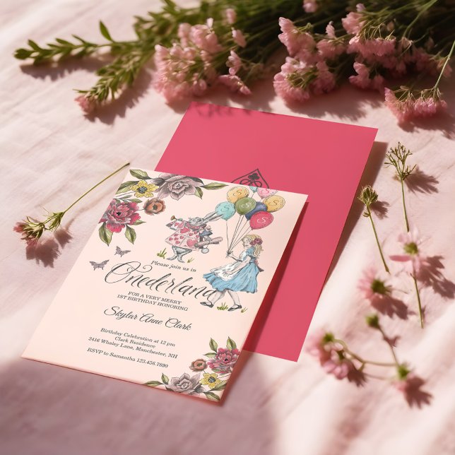 Invitation Aquarelle Vintage Alice dans ONEderland Anniversai (Watercolor Vintage Alice In ONEderland Birthday Invitation)