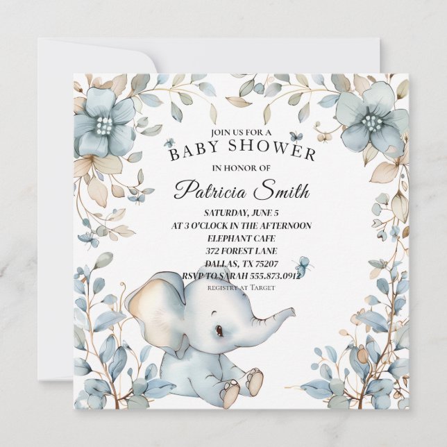 Invitation Aquarelle vintage Baby shower d'éléphants floraux (Devant)