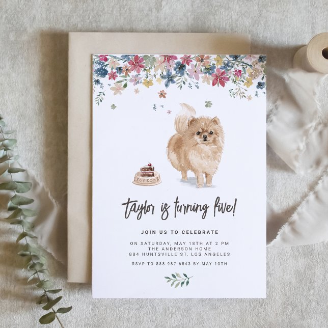 Invitation Aquarelle vintage Chien Poméranien fête d'annivers (Celebrate your furry friend’s special day with our charming Pomeranian dog birthday invitation.)