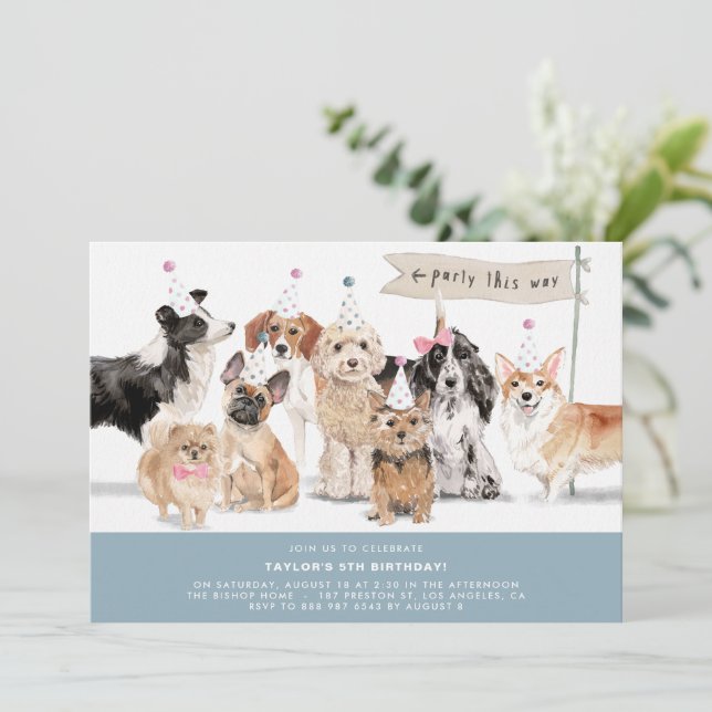 Invitation Aquarelle vintage Chiens mignons Bleu Anniversaire (Debout devant)