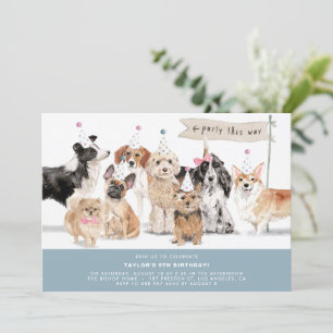 Invitation Aquarelle vintage Chiens mignons Bleu Anniversaire