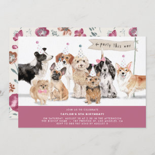 Invitation Aquarelle vintage Chiens mignons Bourgogne Anniver