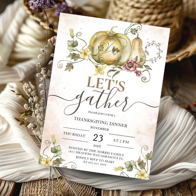Invitation Aquarelle Vintage citrouille Dîner d'Action de grâ (Créateur téléchargé)