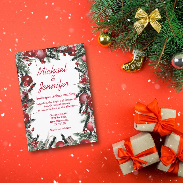 Invitation aquarelle vintage de noël verdure mariage rouge (Créateur téléchargé)